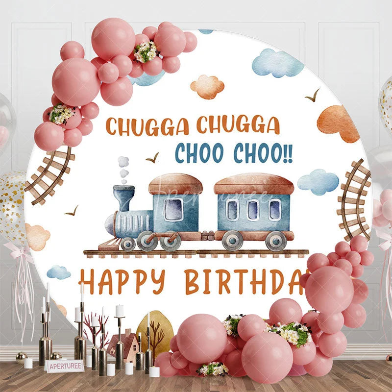 Aperturee - Aperturee Chugga Choo Town Train Track Round Birthday Backdrop