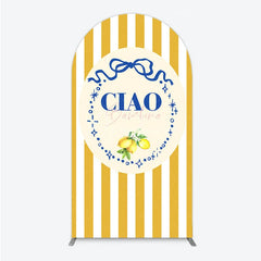 Aperturee - Aperturee Ciao Bambina Italian Themed Arch Backdrop for Baby Shower Lemon and Blue Bow with Yellow Stripes Positano Decor
