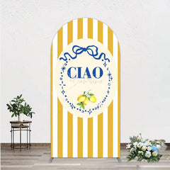 Aperturee - Aperturee Ciao Bambina Italian Themed Arch Backdrop for Baby Shower Lemon and Blue Bow with Yellow Stripes Positano Decor
