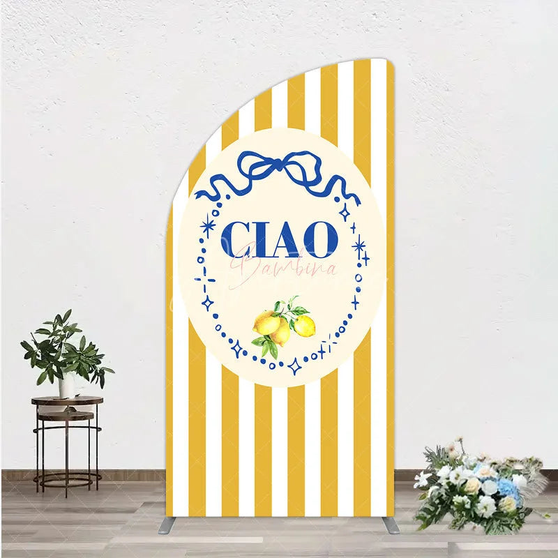Aperturee - Aperturee Ciao Bambina Italian Themed Half Moon Arch Backdrop for Baby Shower Lemon and Blue Bow with Yellow Stripes Positano