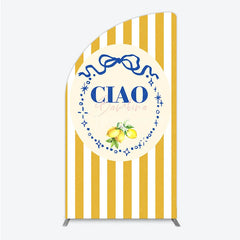 Aperturee - Aperturee Ciao Bambina Italian Themed Half Moon Arch Backdrop for Baby Shower Lemon and Blue Bow with Yellow Stripes Positano