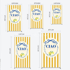Aperturee - Aperturee Ciao Bambina Italian Themed Rectangle Backdrop for Baby Shower Lemon and Blue Bow with Yellow Stripes Positano Decor