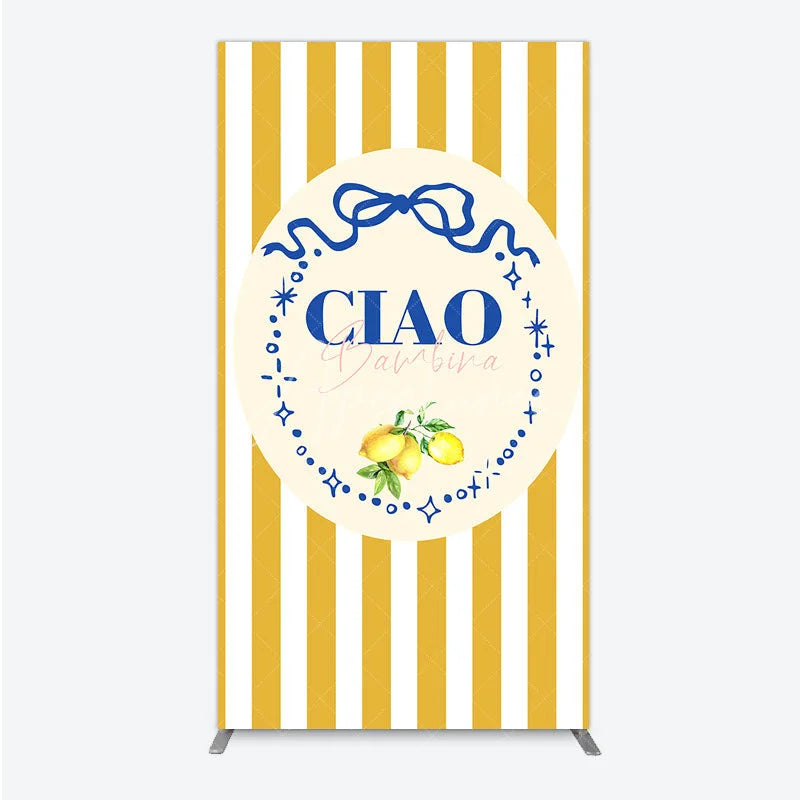 Aperturee - Aperturee Ciao Bambina Italian Themed Rectangle Backdrop for Baby Shower Lemon and Blue Bow with Yellow Stripes Positano Decor