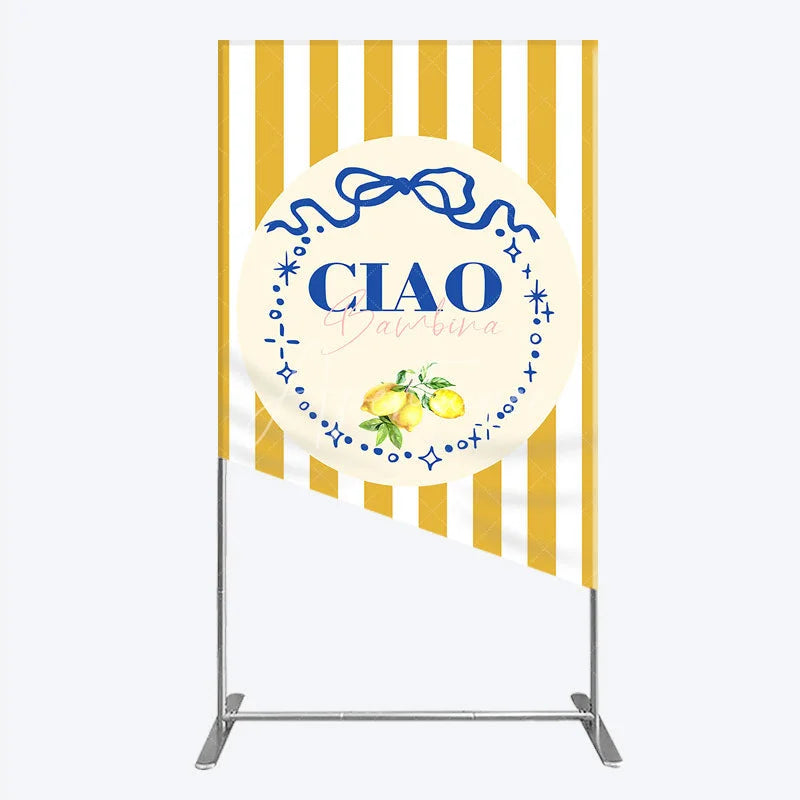 Aperturee - Aperturee Ciao Bambina Italian Themed Rectangle Backdrop for Baby Shower Lemon and Blue Bow with Yellow Stripes Positano Decor