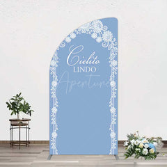 Aperturee Aperturee Cielito Lindo Floral Blue Bridal Shower Half Moon Arch Backdrop