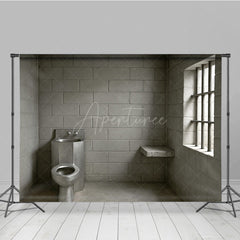 Aperturee - Aperturee Cinder Block Jail Cell Photography Backdrop Prison Room with Barred Window for Gritty Themed Photo Shoots