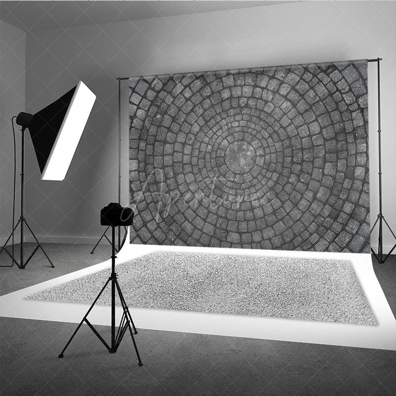 Aperturee - Aperturee Circular Cobblestone Floor Photography Backdrop Grey Stone Pavers Texture Studio Ground for Flat Lay Photos