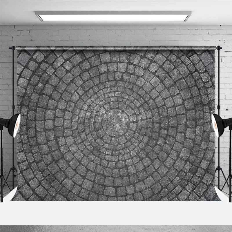 Aperturee - Aperturee Circular Cobblestone Floor Photography Backdrop Grey Stone Pavers Texture Studio Ground for Flat Lay Photos