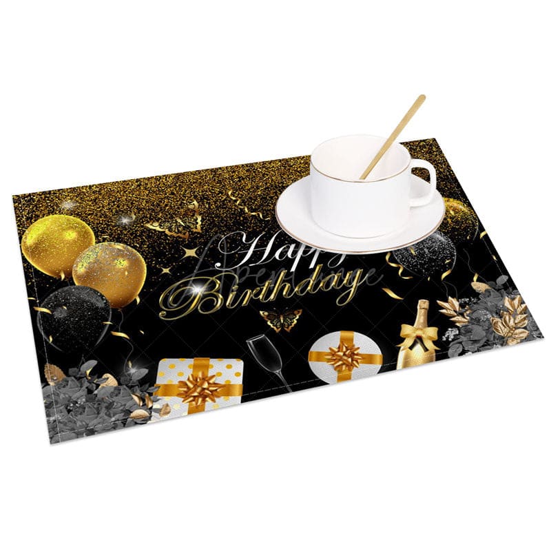 Aperturee - Aperturee Classic Black Gold Happy Birthday Set of 4 Placemats