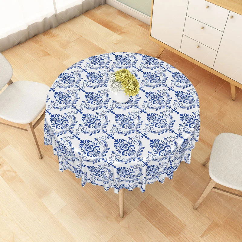 Aperturee - Aperturee Classic Blue Damask Floral Round Tablecloth Elegant Vintage Pattern for Wedding and Dining Room