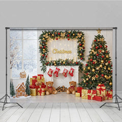 Aperturee - Aperturee Classic Christmas Fireplace Photography Backdrop Stockings Teddy Bears and Tree Holiday Photo Background