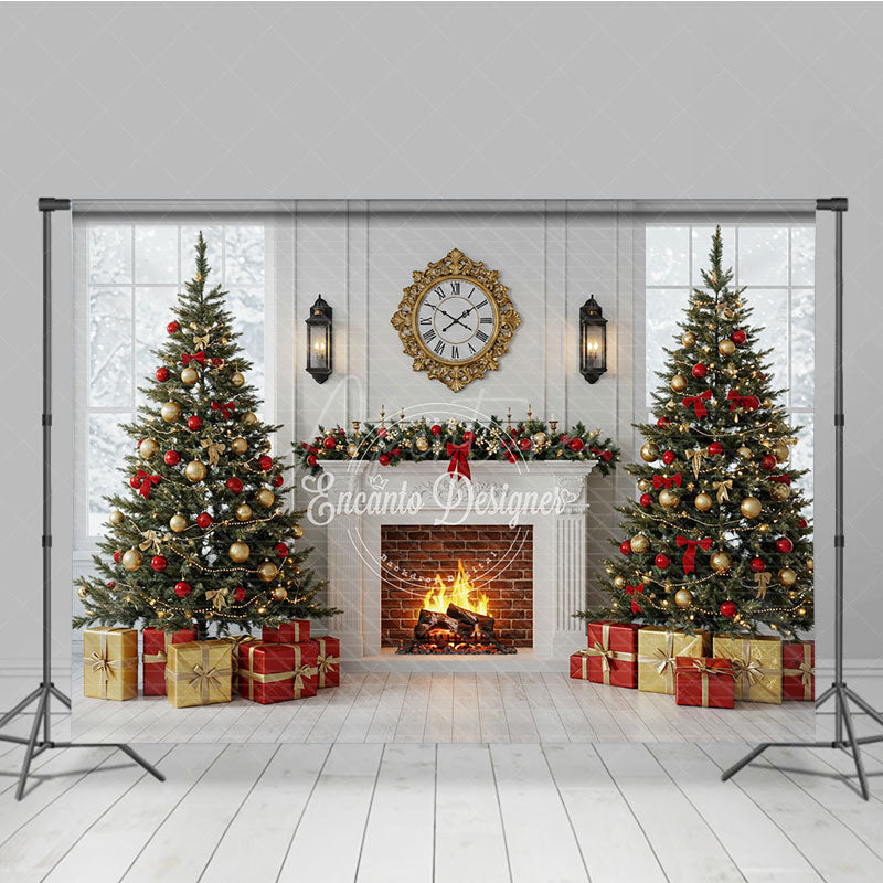 Aperturee - Aperturee Classic Christmas Fireplace Photography Backdrop White Mantle with Snowy Windows Holiday Mini Session Background
