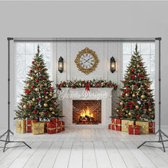 Aperturee - Aperturee Classic Christmas Fireplace Photography Backdrop White Mantle with Snowy Windows Holiday Mini Session Background