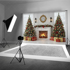 Aperturee - Aperturee Classic Christmas Fireplace Photography Backdrop White Mantle with Snowy Windows Holiday Mini Session Background