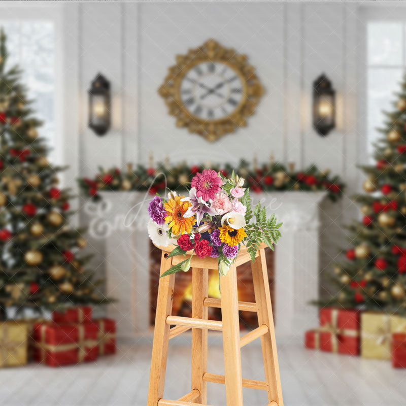 Aperturee - Aperturee Classic Christmas Fireplace Photography Backdrop White Mantle with Snowy Windows Holiday Mini Session Background