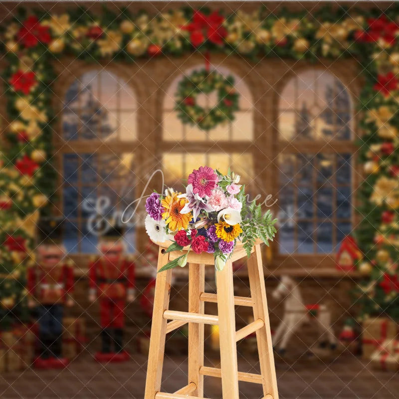 Aperturee - Aperturee Classic Christmas Toy Room Photography Backdrop Nutcrackers and Rocking Horse Holiday Mini Session Background