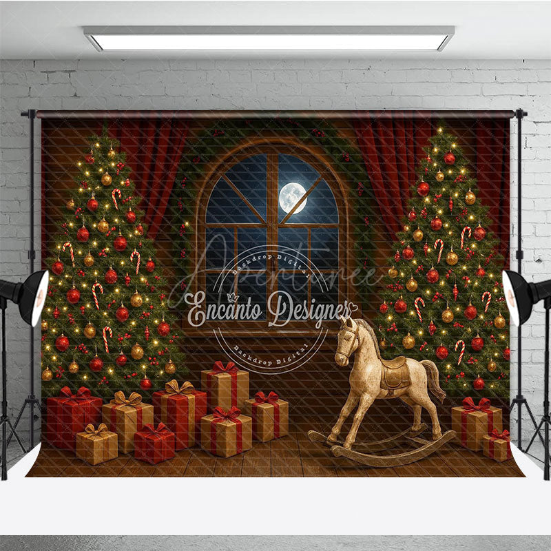 Aperturee - Aperturee Classic Christmas Toy Room Photography Backdrop Rocking Horse by the Full Moon Holiday Mini Session Background