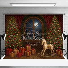 Aperturee - Aperturee Classic Christmas Toy Room Photography Backdrop Rocking Horse by the Full Moon Holiday Mini Session Background