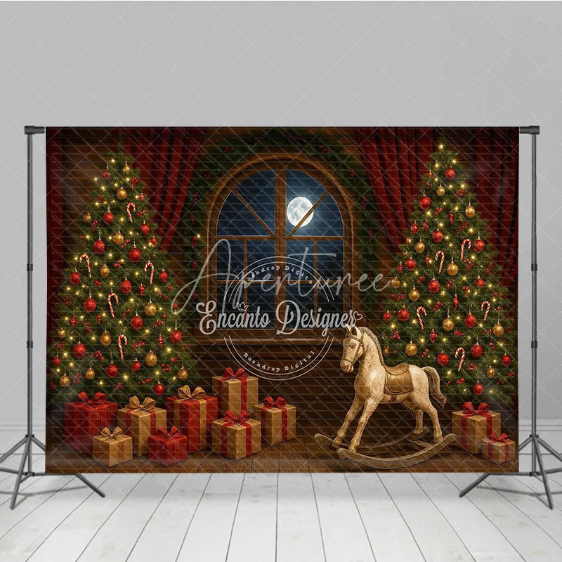 Aperturee - Aperturee Classic Christmas Toy Room Photography Backdrop Rocking Horse by the Full Moon Holiday Mini Session Background