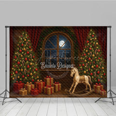 Aperturee - Aperturee Classic Christmas Toy Room Photography Backdrop Rocking Horse by the Full Moon Holiday Mini Session Background