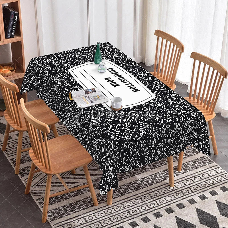 Aperturee - Aperturee Classic Composition Book Rectangle Tablecloth Black Speckled Notebook Table Cover Back to School Party Decor