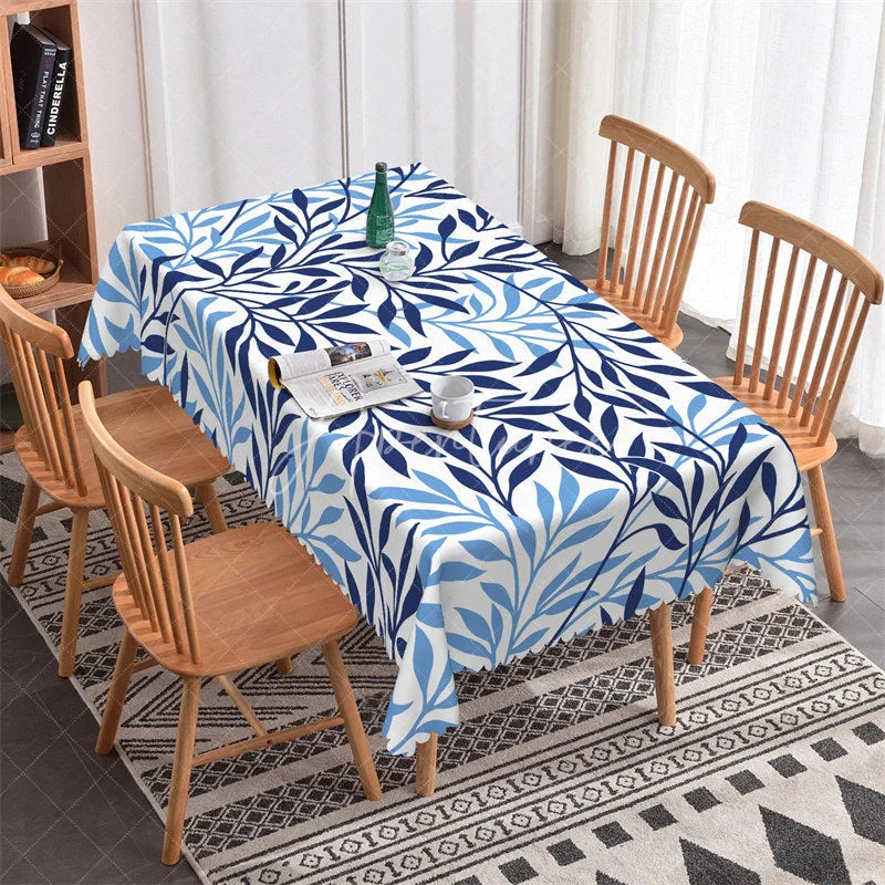 Aperturee - Aperturee Classic Dark and Light Blue Botanical Leaf Pattern Rectangle Tablecloth Elegant Dining Room Decor