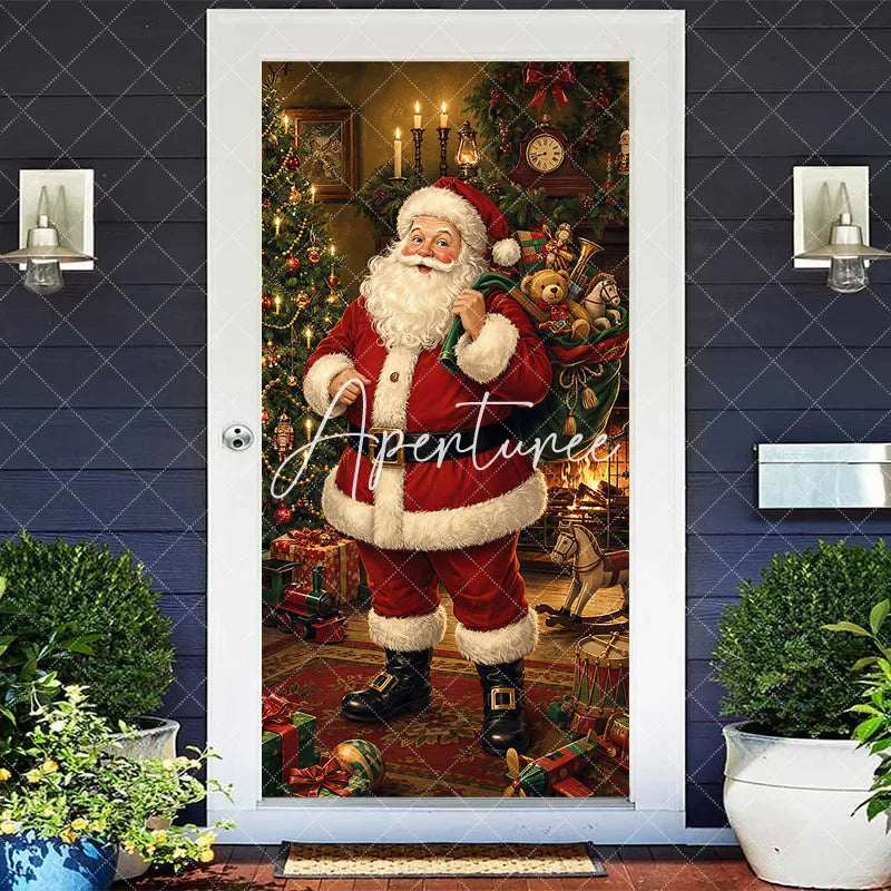 Aperturee - Aperturee Classic Jolly Santa Claus with Gifts and Christmas Tree Fireplace Door Cover Festive Winter Holiday Party Decor