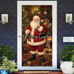 Aperturee - Aperturee Classic Jolly Santa Claus with Gifts and Christmas Tree Fireplace Door Cover Festive Winter Holiday Party Decor