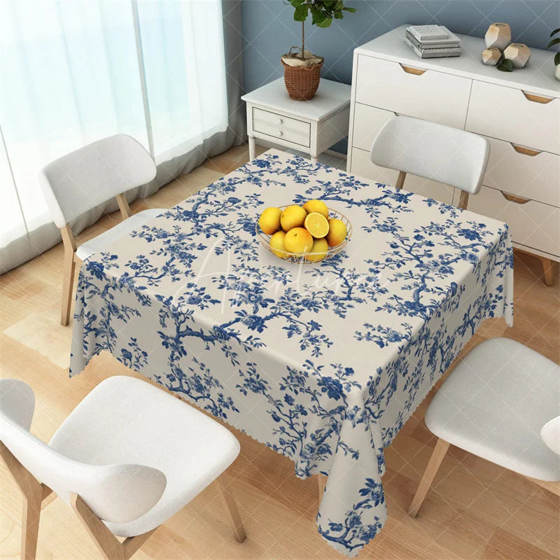 Aperturee - Aperturee Classic Navy Blue Toile Floral Rectangle Tablecloth Vintage Cream Branch Pattern Table Cover
