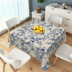 Aperturee - Aperturee Classic Navy Blue Toile Floral Rectangle Tablecloth Vintage Cream Branch Pattern Table Cover