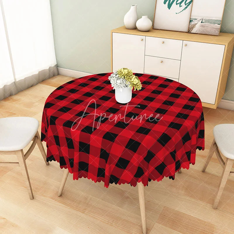 Aperturee - Aperturee Classic Red and Black Buffalo Plaid Round Tablecloth Rustic Farmhouse Checkered Holiday Kitchen Decor