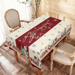 Aperturee - Aperturee Classic Red and Cream Christmas Santa Reindeer Rectangle Tablecloth Festive Holiday Party Decor with Snowmen