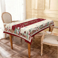 Aperturee - Aperturee Classic Red and Cream Christmas Santa Reindeer Rectangle Tablecloth Festive Holiday Party Decor with Snowmen
