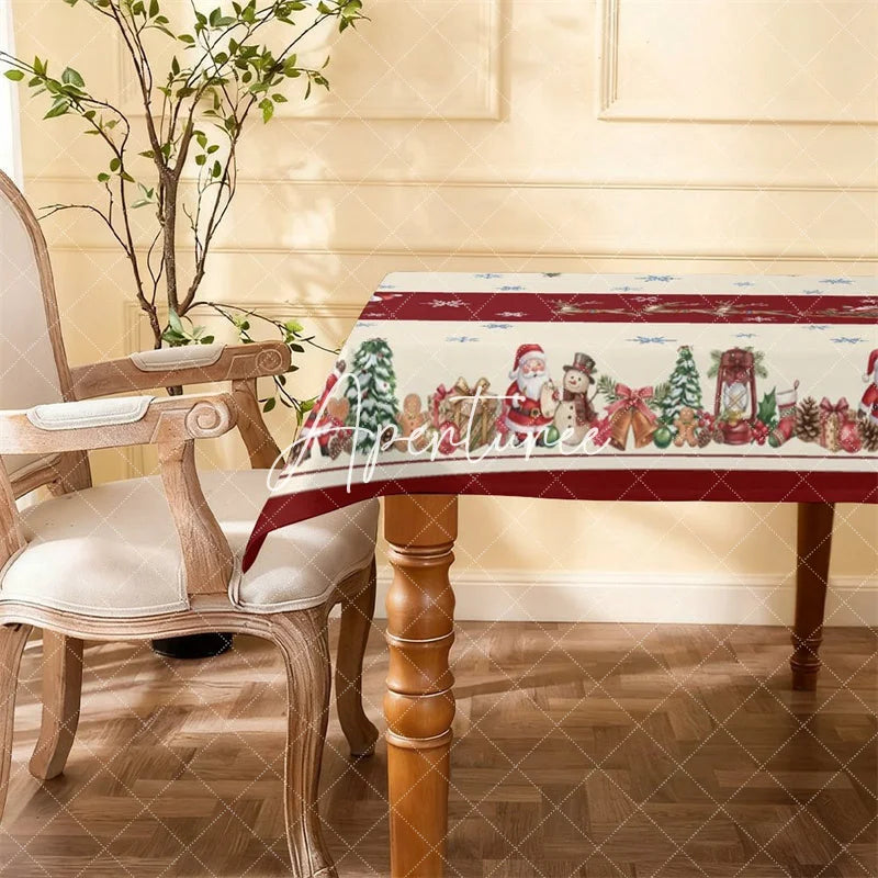 Aperturee - Aperturee Classic Red and Cream Christmas Santa Reindeer Rectangle Tablecloth Festive Holiday Party Decor with Snowmen