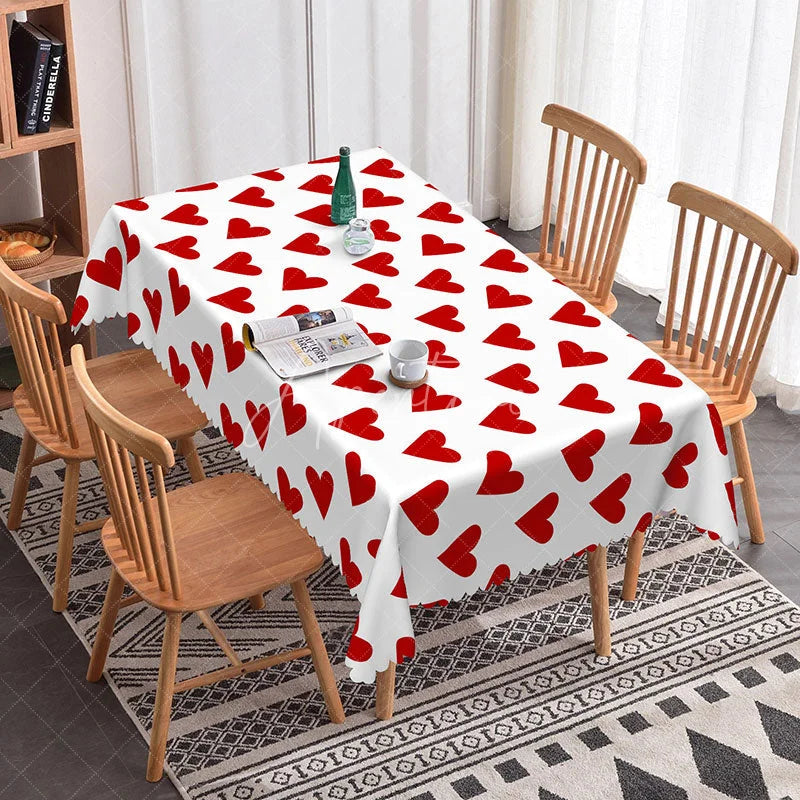 Aperturee - Aperturee Classic Red Heart Scatter Rectangle Tablecloth Bold Love Pattern on White Valentine Anniversary Party Decor