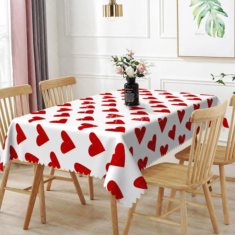 Aperturee - Aperturee Classic Red Heart Scatter Rectangle Tablecloth Bold Love Pattern on White Valentine Anniversary Party Decor