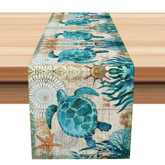 Aperturee - Aperturee Classic Under the Sea Table Runner Turtle and Starfish Ocean Life Nautical Beach House Kitchen Decor