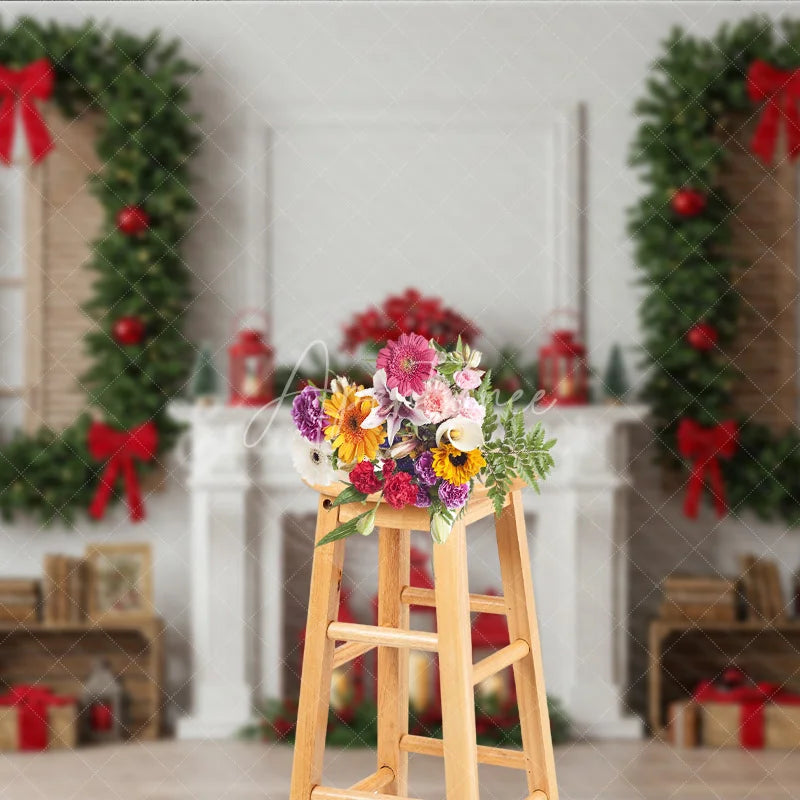 Aperturee - Aperturee Classic White Christmas Fireplace Photography Backdrop Wreath Framed Windows with Red Bows Elegant Holiday Background