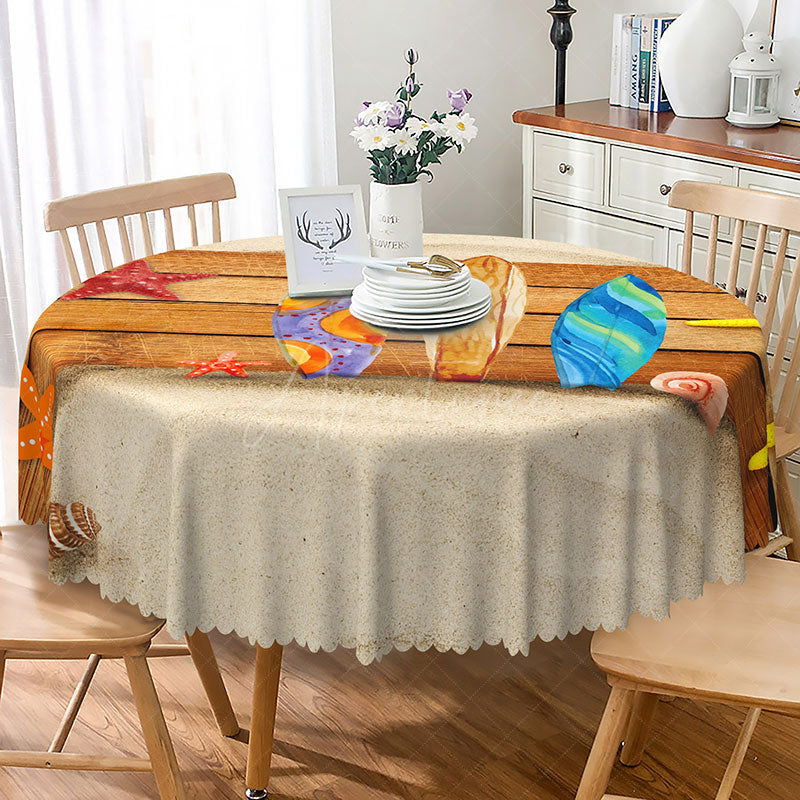 Aperturee - Aperturee Coastal Beach Round Tablecloth with Conch and Starfish Pattern for Nautical Themed Dining Decor