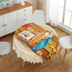 Aperturee - Aperturee Coastal Beach Round Tablecloth with Conch and Starfish Pattern for Nautical Themed Dining Decor