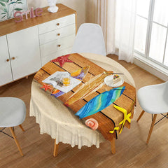 Aperturee - Aperturee Coastal Beach Round Tablecloth with Conch and Starfish Pattern for Nautical Themed Dining Decor