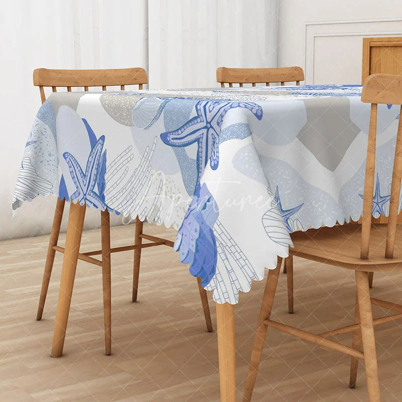 Aperturee - Aperturee Coastal Beach Tablecloth with Blue and White Starfish and Seashells for Nautical Themed Party Decor