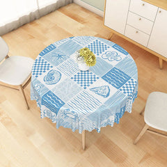 Aperturee - Aperturee Coastal Blue Round Tablecloth with Crab Shell and Wave Print for Beach House and Nautical Decor