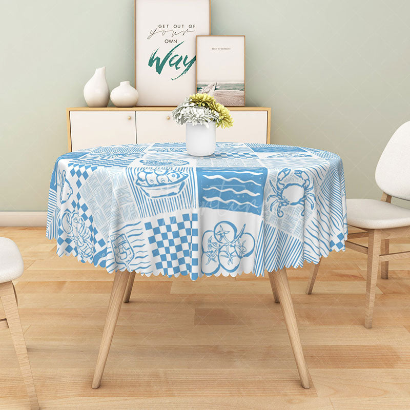 Aperturee - Aperturee Coastal Blue Round Tablecloth with Crab Shell and Wave Print for Beach House and Nautical Decor