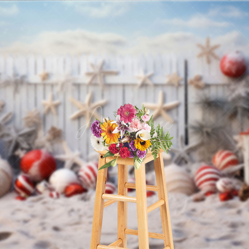 Aperturee Aperturee Coastal Christmas Photography Backdrop Beach Sand with Ornaments and Starfish White Picket Fence Photo Prop