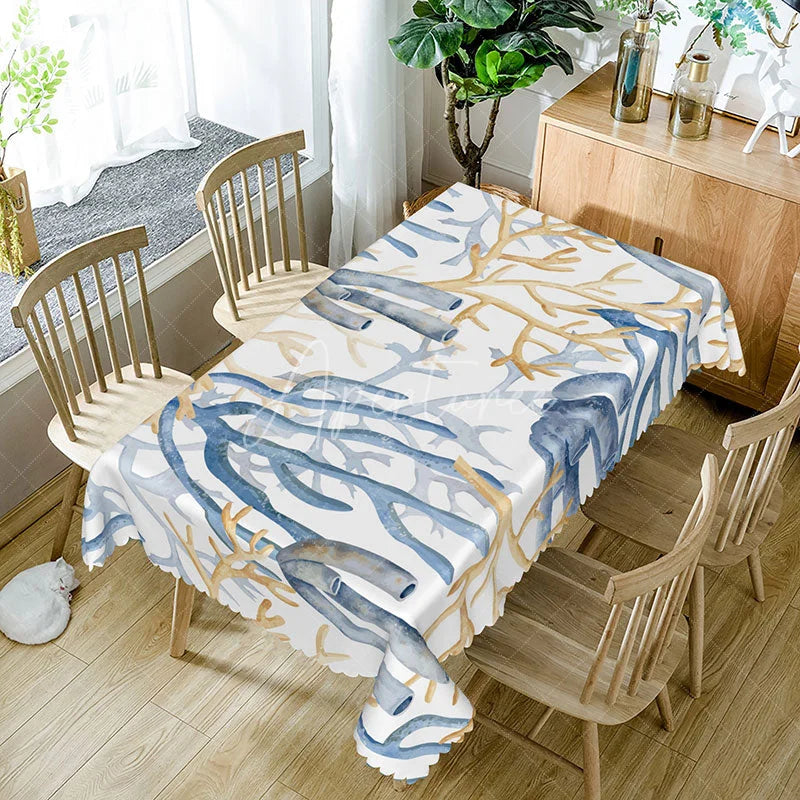 Aperturee - Aperturee Coastal Coral Pattern Rectangle Tablecloth in Blue and Khaki for Beach House and Ocean Themed Decor