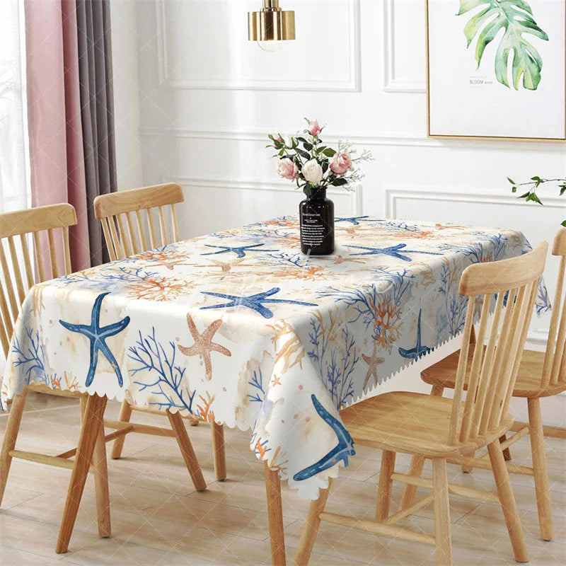 Aperturee - Aperturee Coastal Starfish and Coral Reef Rectangle Tablecloth Nautical Ocean Theme Table Cover for Summer Beach Party