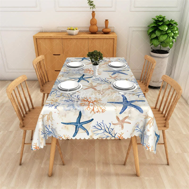 Aperturee - Aperturee Coastal Starfish and Coral Reef Rectangle Tablecloth Nautical Ocean Theme Table Cover for Summer Beach Party