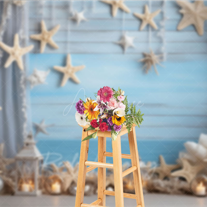 Aperturee Aperturee Coastal Summer Photography Backdrop Beach Scene with Starfish and Lanterns Blue Wood Wall Photo Prop Decor