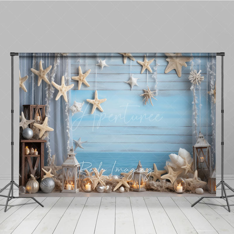 Aperturee Aperturee Coastal Summer Photography Backdrop Beach Scene with Starfish and Lanterns Blue Wood Wall Photo Prop Decor